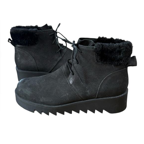 Eileen Fisher Kenille Genuine Shearling Trim Wedge Black Booties – 8.5 - Picture 2 of 6